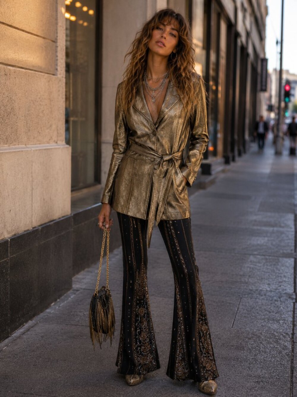 Vintage Metallic Gold Belted Blazer Jacket